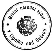 Lipensk znak na razítku Místního národního v boru Tu í malovan návrh podoby lipenského znaku z roku 1946 v Lipníku o moïnost pouïívat na svém razítku mûstsk znak.