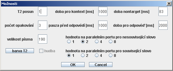 Tabulka 1 Příklad scénáře experimentu Stimul čas[ms] stimul kontextové slovo 1000 LES pauza před sledem 1000 nontarget 83 PLKJRHW nontarget 83 GFPGNSD nontarget 83 RSPDRGP nontarget 83 SDFRFSP