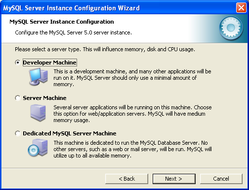 Obrázek 2: Okno instalace MySQL Serveru typ serveru Server bude nakonfigurován tak, aby spotřebovával minimum systémových prostředků, především paměti.