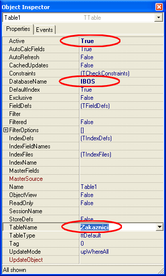 Obrázek18: Delphi Object Inspector FrmZakaznici Table1 5.4.