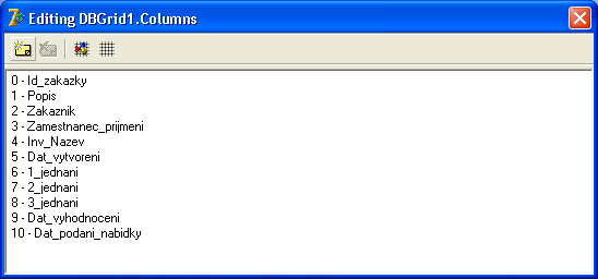 Další věc, kterou uděláme, bude definice sloupců DBGridu. Nyní máme zobrazovány všechny sloupce v databázi resp. v Query1. To je ovšem zbytečné.