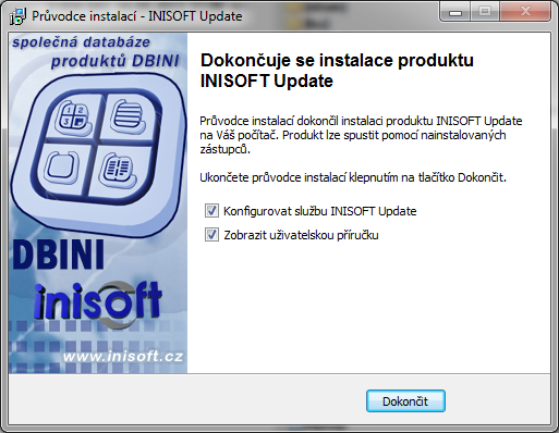 Pokud je ponechána výchozí volba Konfigurovat službu INISOFT Update, je po stisku tlačítka Dokončit spuštěn konfigurační a monitorovací program služby INISOFT Update, umožňující vytvořit aktualizační
