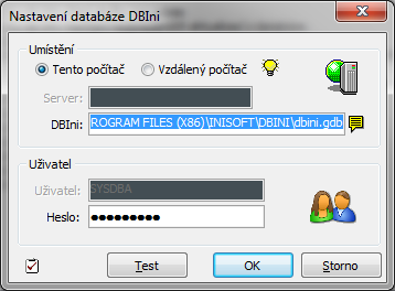Po stisku OK je vyvoláno následující okno Nastavení databáze podle DBini: V tomto formuláři je již přednastavena cesta podle připojení programů společnosti INISOFT s.r.o. k databázi DBini.