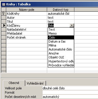 V horní části návrhové tabulky je uveden seznam polí databáze včetně datového typu a poznámky. V dolní části jsou pak k dispozici vlastnosti vybraného pole.