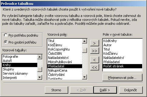předdefinovaných tabulek vybrat pole, která