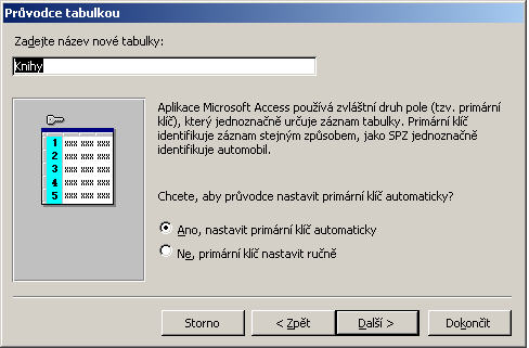 Další okno průvodce vyzývá k zadání názvu nové tabulky a k definování primárního klíče. Primární klíč je pole, které jednoznačně identifikuje záznam tabulky.