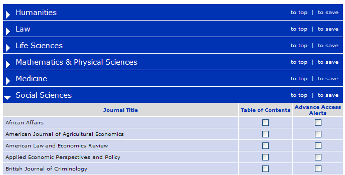 Oxford Journal také nabízí vytvoření alertů k zasílání informací o novém čísle konkrétního časopisu. Po přihlášení si v horní části si zvolíte My account.