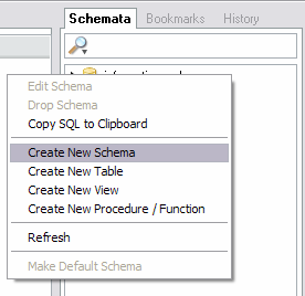 MyGIS: V MySQL Query Browser se databáze označují jako Schemata. Databázi lze vytvořit tak, že klikneme pravým tlačítkem do záložky Schemata a zvolíme CREATE NEW SCHEMA. Obr.