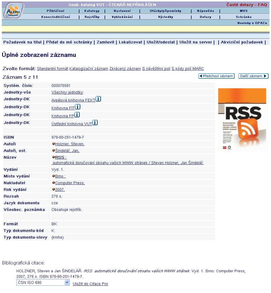 Importy z katalogů V detailu záznamu Vašeho katalogu klikněte u citace na odkaz Uložit do Citace Pro nebo na ikonu
