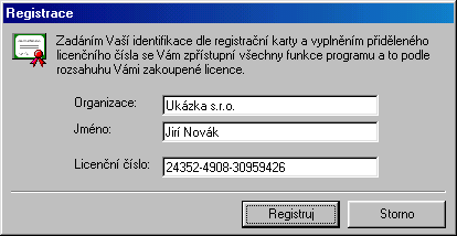 Registrace programu Při zakoupení programu dostanete společně s instalačním CD diskem také kartičku s vašimi údaji a přiděleným registračním číslem.