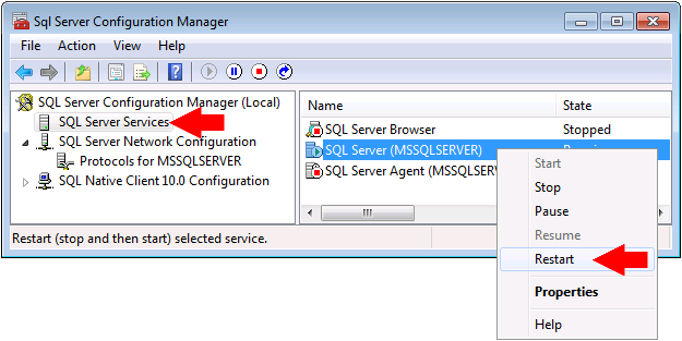 c. Nakonec je potřeba restartovat SQL server. Zvolte SQL Server Services. Pravým tlačítkem klikněte na SQL Server (MSSQLSERVER) a zvolte Restart.