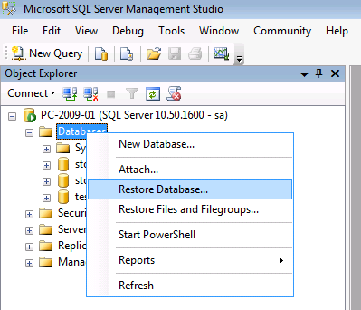Jak obnovit databázi ze zálohy pomocí Microsoft SQL Server Management Studia V prohlížeči objektů (Object Explorer) klikněte pravým tlačítkem na hlavní uzel Database a zvolte Obnovit databázi