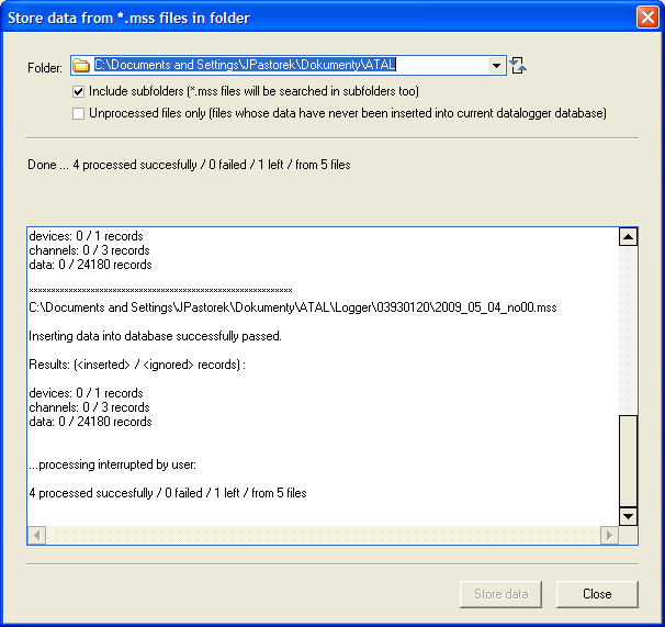 4.2 Vkládání dat z dataloggerů do databáze Aktuálně otevřená data v programu (ať jíž stažená ze zařízení nebo otevřená z *.mss/*.