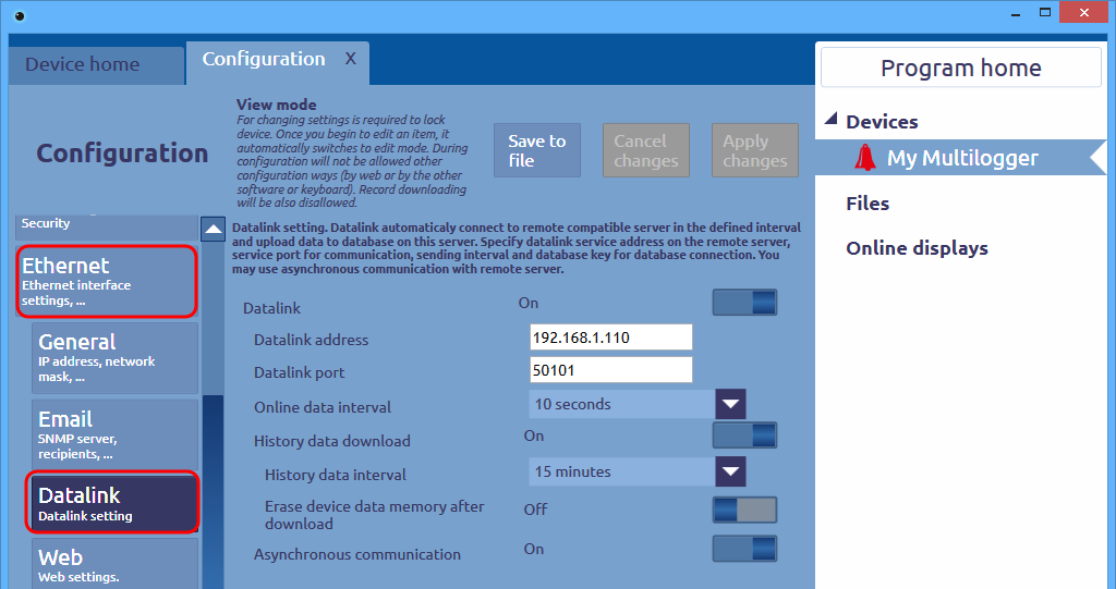 Zapněte funkci Datalink Datalink - On. Zadejte IP adresu počítače, kde běží Datalink služba a port na kterém naslouchá (standardně 50101).