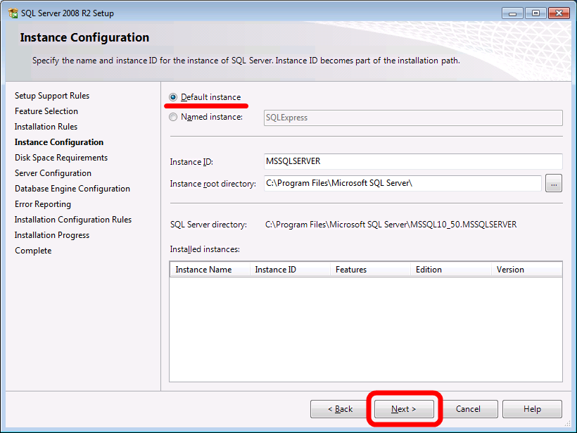 6) Na stránce Instance configuration zvolte Default instance a pokračujte tlačítkem Next.