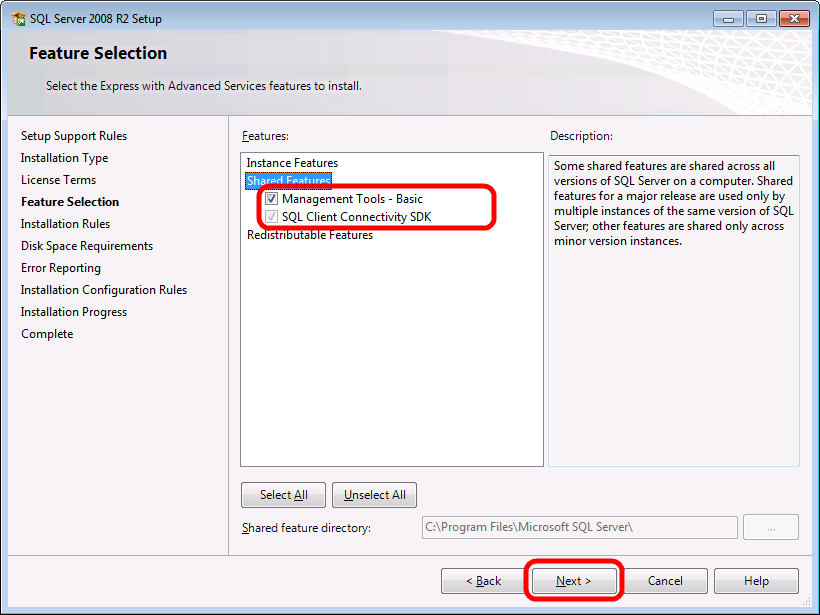 6) Na stránce Feature Selection zvolte Management Tools Basic. Pokud SQL Client Connectivity SDK není vybráno, zvolte jej taky. Poté klikněte na tlačítko Next.