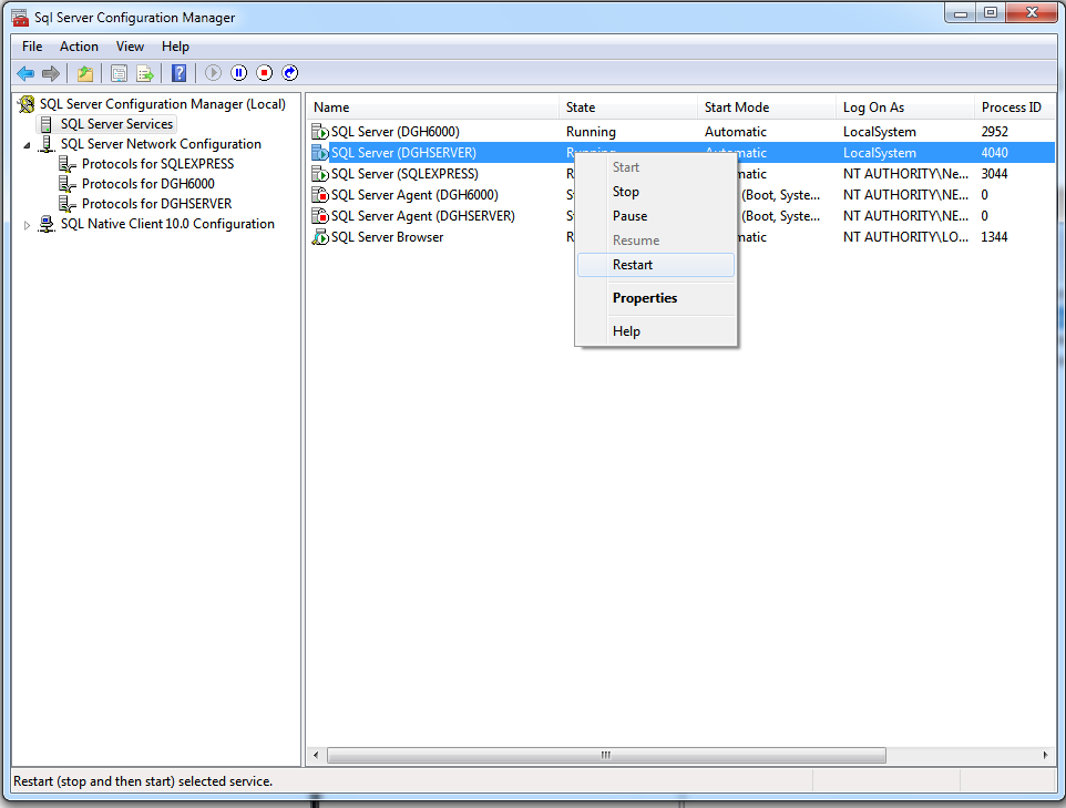 7) Klikněte pravým tlačítkem myši a SQL Server (DGHServer) v pravé