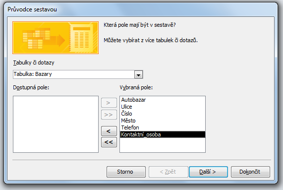 TISKOVÉ SESTAVY Zadání sestava Seznam bazarů (tabulka Bazary, nástroj Průvodce sestavou, bez seskupení, seřazení podle názvu bazaru, tabulkové uspořádání ovládacích prvků, A4 na výšku): Postup řešení