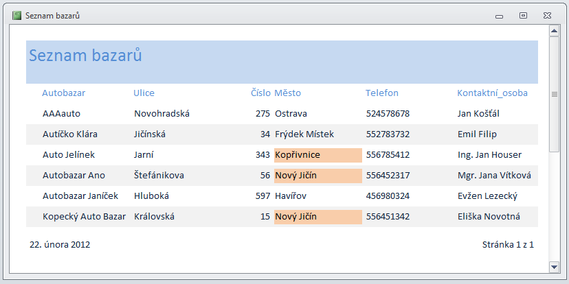 TISKOVÉ SESTAVY Zadání v sestavě Seznam bazarů nastavte podmíněné formátování pro pole