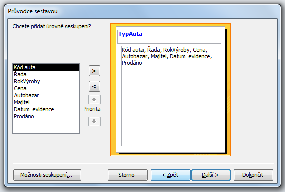 TISKOVÉ SESTAVY Postup řešení V navigačním okně vlevo označte tabulku Auta, na kartě Vytvoření klikněte na položku Průvodce sestavou.