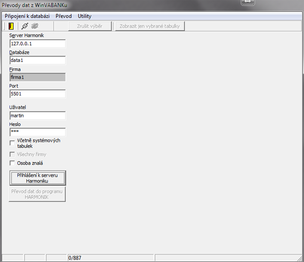 Databáze = název databáze, ve které je firma/firmy, do které se budou převádět data Firma = název firmy, do které se budou převádět data (vyplní se automaticky) Port = port, na kterém běží server