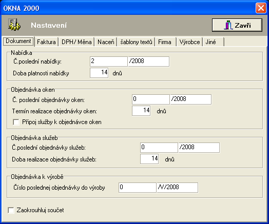 OKNA2000 UŽIVATELSKÝ MANUÁL 11 Dokument Tato část obsahuje hlavní nastavení dokumentů vytvářených programem nabídek a objednávek. Číslo poslední nabídky (objednávky, a pod.