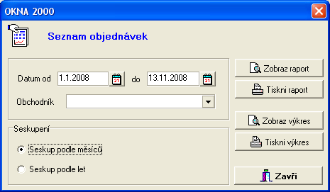 OKNA2000 UŽIVATELSKÝ MANUÁL Raporty a seznamy Seznam objednávek umožňuje provádět jednoduchou analýzu prodeje oken. Můžeme vytvořit raport nebo výkres prodeje za daný časový úsek.