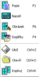 OKNA2000 UŽIVATELSKÝ MANUÁL Volby týkající se zvoleného okna (přístupné rovněž kliknutím pravým tlačítkem myši na zvolené okno). Popis, vycenění, obrázek a doplňky k oknu.