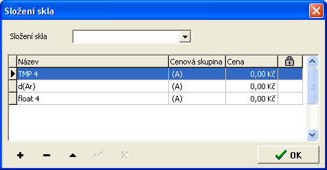 OKNA2000 UŽIVATELSKÝ MANUÁL U políčka Složení skla můžeme zvolit již připravené složení (pokud je definováno v ceníku), nebo vytvořit vlastní složení, tlačítkem přidávat další skla a jejich rozteče.