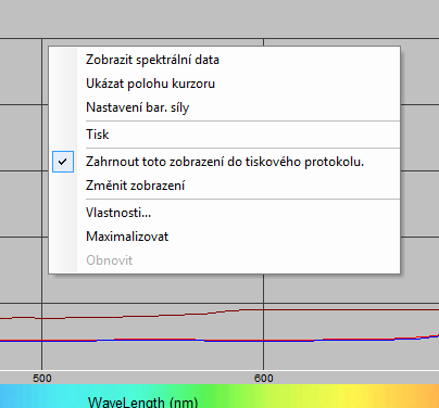 Graf spektrální remisní křivky Kliknutím na pravé tlačítko myši můžete aktivovat tabulku pro další práci a nastavení grafu.