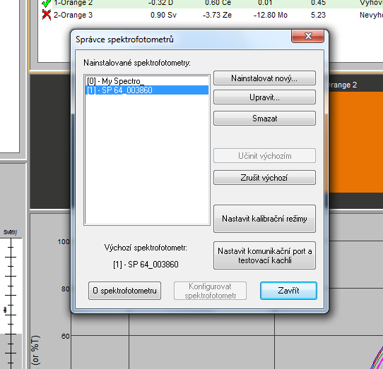 Připojení spektrálního fotometru Pro připojení spektrálního fotometru klikněte na ikonu Spektrofotometr v hlavním řádku a následně na ikonu Instalace nebo konfigurace.