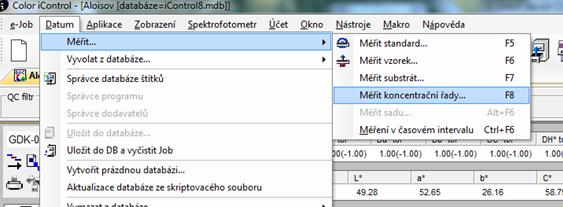 Měření koncentračních vzorků Klikněte Data Měřit Měřit