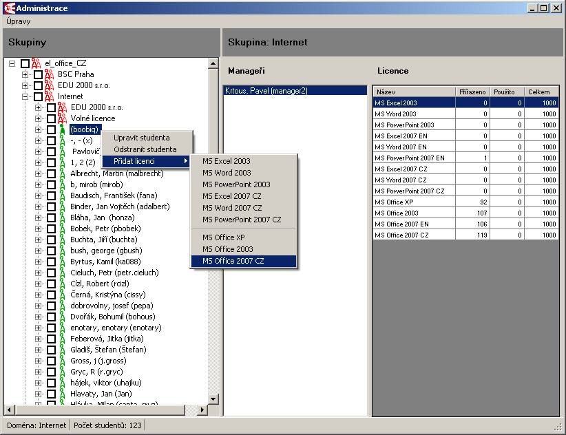 Nástroj pro správu uživatelů (edu-administrace) Po spuštění aplikace edu-administrace a přihlášení administrátora s výchozím heslem můžete: vytvořit uživatele a skupiny uživatelů, přiřadit licence