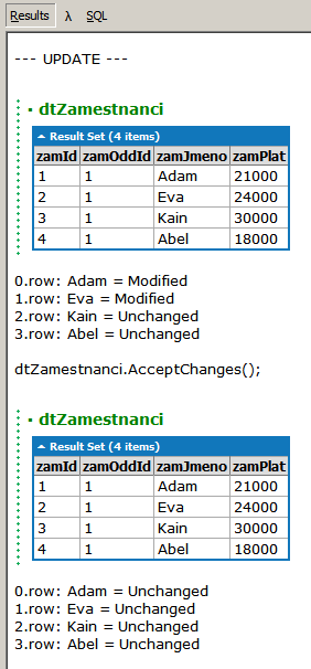 Rušení dat v DataTable Rušení dat funguje stejně jako ve Visual FoxPro: Věta se nejprve označí ke zrušení a během AcceptChanges() (pro foxaře po TableUpdate()) se fyzicky zruší na SQL Serveru: //