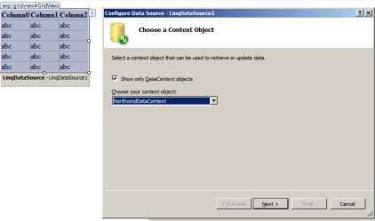 Tím se automaticky vytvořil LinqDataSource. V dalším okně potvrďte, že chcete pracovat s NorthwindDataContext.