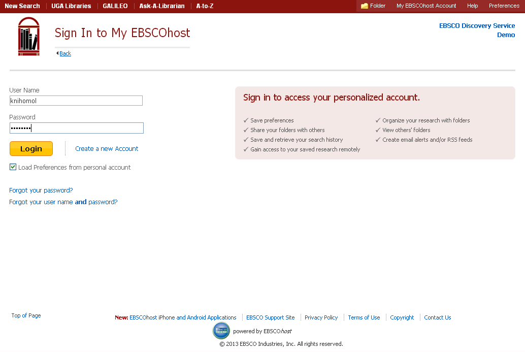 3. Přihlašte se ke schránce My EBSCOhost pomocí Vašich přihlašovacích údajů.