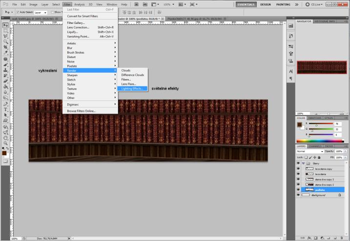 11.4 Nasvícení scény Scénu nasvítíme pomocí efektu Světelné efekty, který se nachází v menu Filtry -> Vykreslení -> Světelné efekty (Tutoriál 13). Osvětlovat budeme obě spodní části obou stěn.