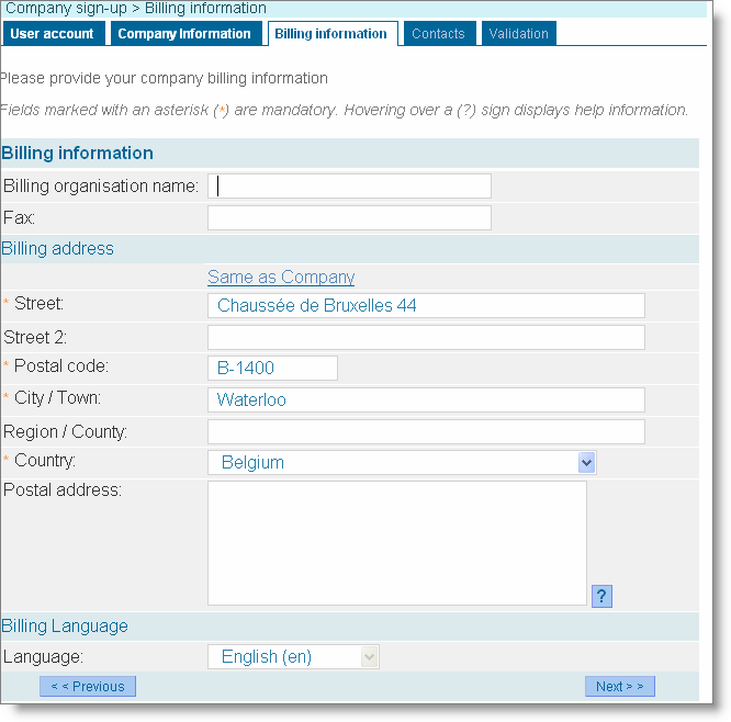 Část 2 - Zápis a správa účtu Datum vydání: duben 2014 23 Otevře se stránka <Billing information> (fakturační údaje) (obrázek 15). Vyplňte povinná pole (*).