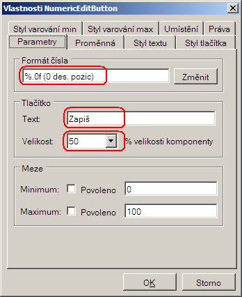 Obr. 31 - Přiřazení proměnné k prvku NumericEditButton Po výběru požadované proměnné se přepneme do záložky Parametry, kde lze nastavit formát zobrazení proměnné na webové stránce.