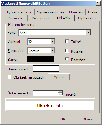 V záložce Styl textu v případě potřeby nastavíme požadovaný vzhled editační části prvku NumericEditButton. Pro naše účely však ponecháme nastavení ve výchozím stavu (viz následující obrázek). Obr.