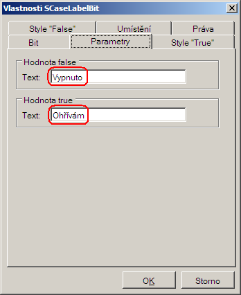 Obr. 36 - Přiřazení proměnné k prvku SCaseLabelBit V záložce Parametry pak nadefinujeme texty, které bude prvek zobrazovat (viz následující obrázek). Obr.