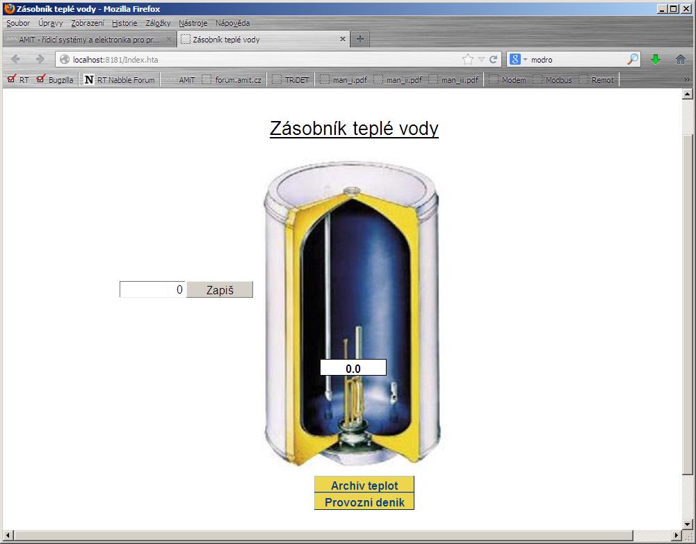 Prvky pro zobrazení/editaci hodnot zobrazují hodnotu 0 protože se při simulaci na PC nekomunikují s řídicím systémem žádná data. 4.6.