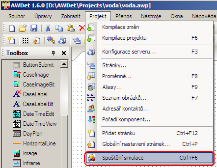 Obr. 57 - Menu pro spuštění simulace Po spuštění simulace dojde k otevření našeho výchozího webového prohlížeče, ve kterém budou zobrazeny námi vytvořené stránky. Obr.