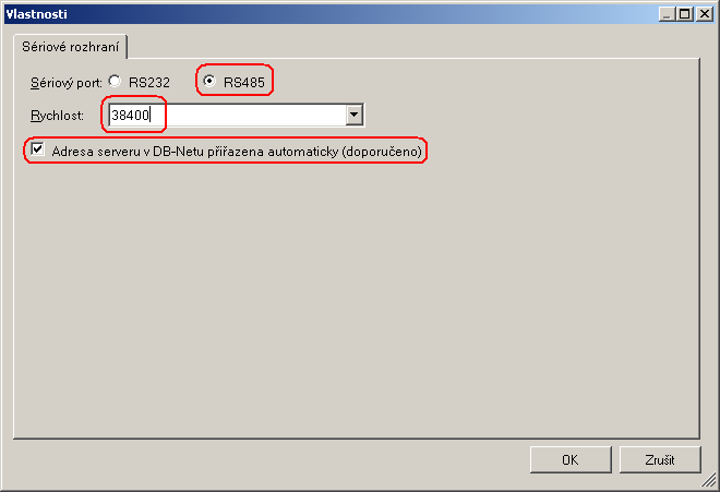 Obr. 78 - Nastavení komunikačních parametrů sériového rozhraní Při ponechání volby automatického přiřazení DB-Net adresy webovému serveru bude projekt vycházet z čísel řídicích systémů, jejichž