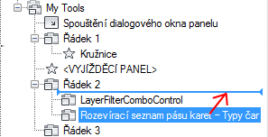 4 Klikněte na znaménko plus (+) vedle panelu pásu karet, na kterém chcete přemístit ovládací prvek. 5 Klikněte na znaménko plus (+) vedle řádku, na kterém chcete přemístit ovládací prvek.