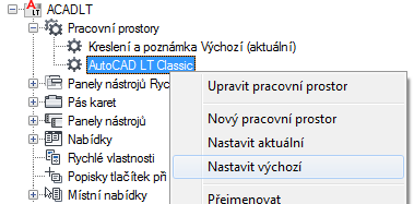 4 Klikněte na tlačítko Použít. Obnovení klasického pracovního prostoru Na stavovém řádku klikněte na položku Přepínání mezi pracovními prostory. Klikněte na položku AutoCAD LT Classic.