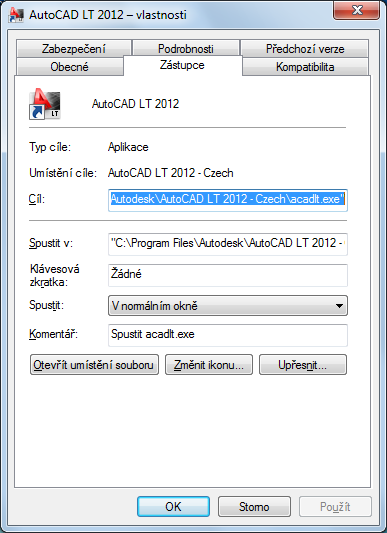 2 V programu AutoCAD LT v dialogu Vlastnosti vyberte kartu Zástupce a v textovém poli Cíl upravte parametry přepínače pomocí následující syntaxe: