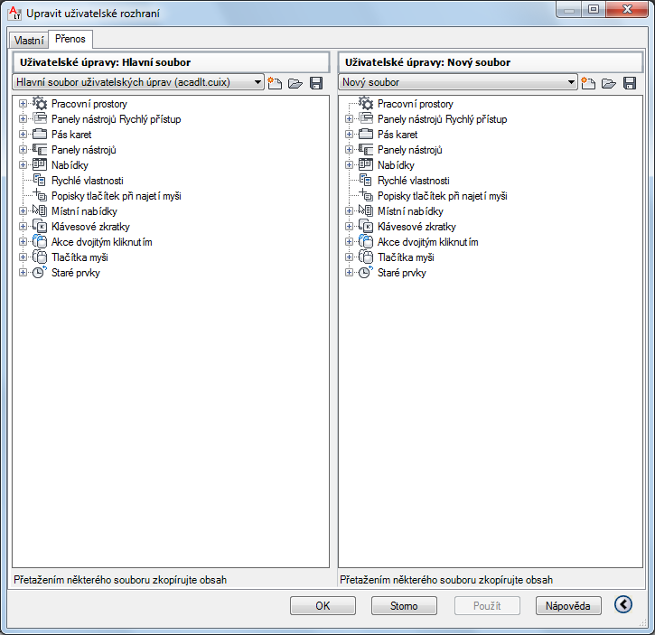 Následující příklad je ukázka editoru Upravit uživatelské rozhraní (CUI) s kartou Přenos. Pomocí této karty lze přenést uživatelské úpravy rozhraní.