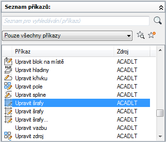 Vlastní příkazy. Zobrazí uživatelsky definované příkazy, které byly přidány do načtených souborů přizpůsobení.