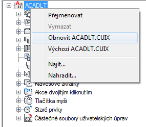 3 V podokně Uživatelské úpravy v <název souboru> klikněte pravým tlačítkem na název skupiny uživatelských úprav a vyberte položku Přejmenovat.